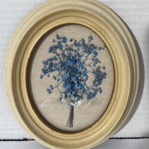 Vtg Pressed Flower With Oval Wooden Frame-Ivory & Blue-Cottagecore Shabby Chic